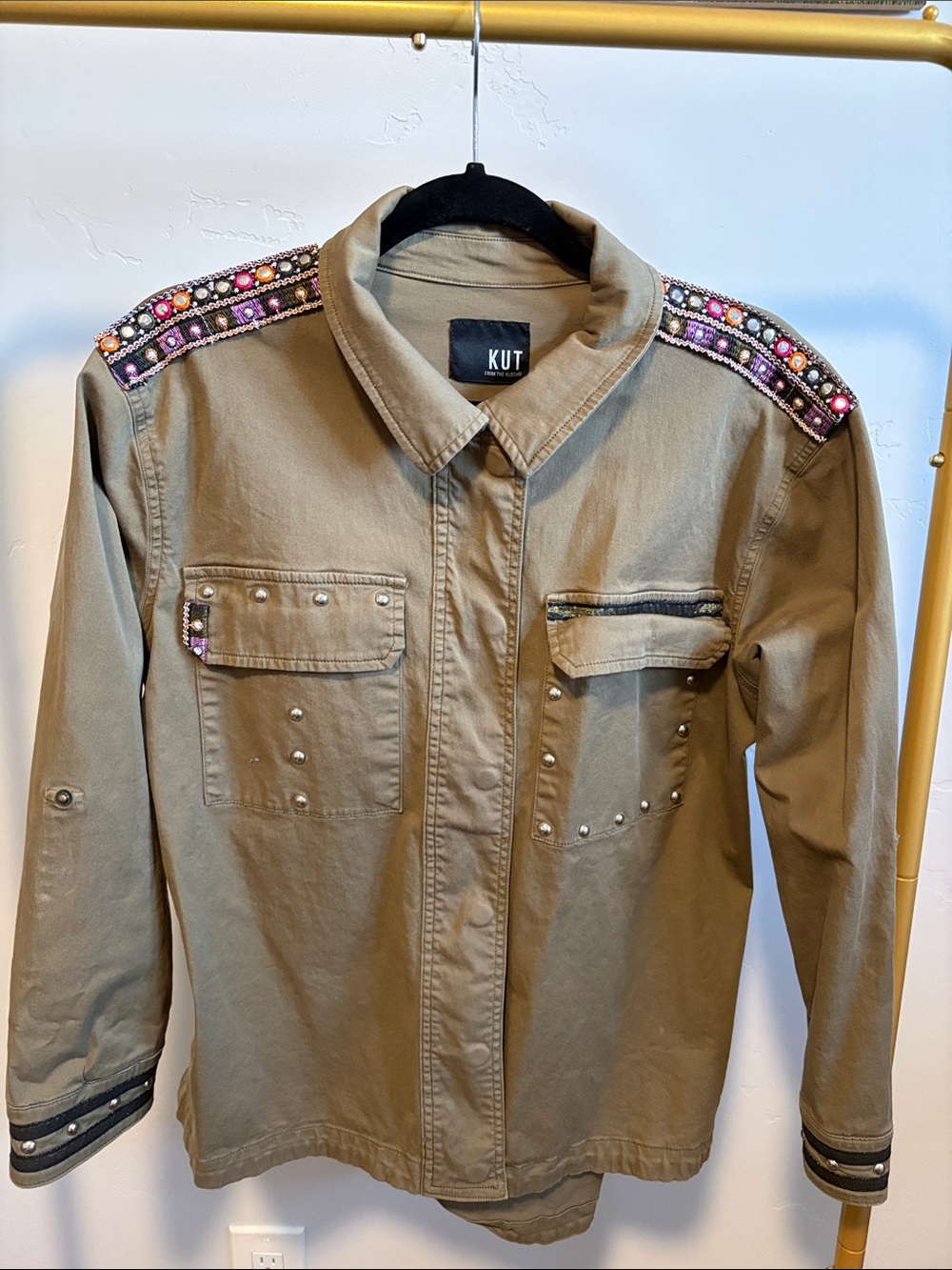 Kut from the Kloth Olive Utility Jacket with Beaded Shoulder Trim